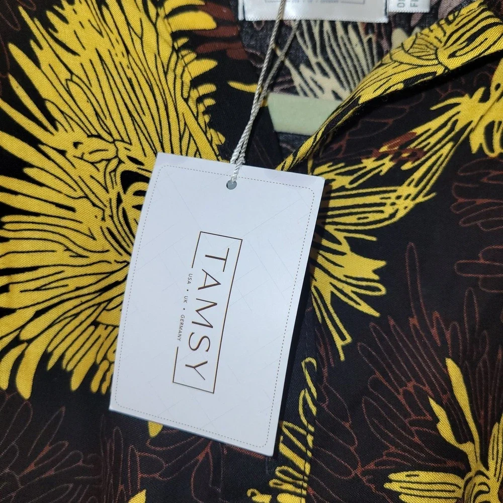 TAMSY Floral Midi Dress One Size Black Yellow‎ Brown Boho Tie Waist NWT